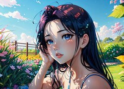 Dziewczyna, Niebieskooka, Brunetka, Ogród, Kwiaty, Anime