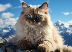 Niebieskooki kot na tle gór