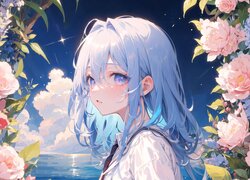 Dziewczyna, Morze, Kwiaty, Anime