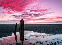 Niebo o zachodzie słońca nad morską plażą