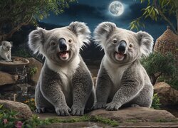 Niedżwiadki koala na kamieniu obok ...