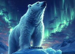 Grafika, Niedźwiedź polarny, Góra lodowa, Zorza polarna