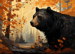 Niedźwiedź w jesiennym lesie w grafice
