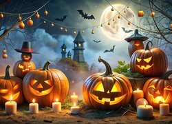 Grafika, Halloween, Drzewa, Wieża, Dynie, Nietoperze, Świece