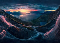 Norwegia, Lofoty, Góry, Wodospad, Skały, Zachód słońca