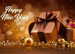 Nowy Rok, Życzenia, Napis, Happy New Year, Bombki, Prezenty