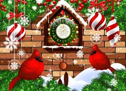 Noworoczno-świąteczna grafika z zegarem, bomkami i ptaszkami