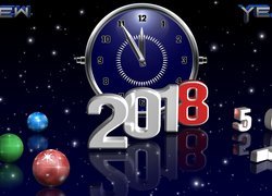 Nowy Rok, 2018, Grafika 2D, Zegar, Bombki, Odbicie