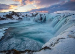 Zima, Śnieg, Wodospad, Godafoss Waterfall, Islandia
