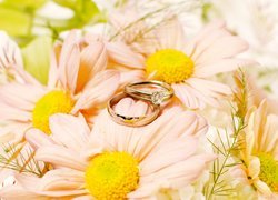 Obrączka i pierścionek na kwiatach