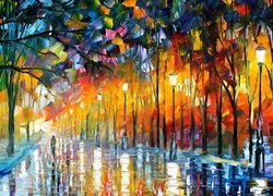 Malarstwo, Leonid Afremov, Park, Aleja, Droga, Latarnie