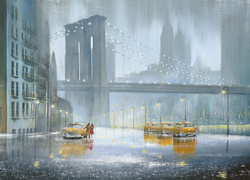 Obraz oświetlonej ulicy z taksówkami i mostem w deszczu