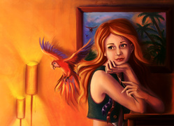 Obraz przedstawiający rudowłosą dziewczynę i kolorową papugę