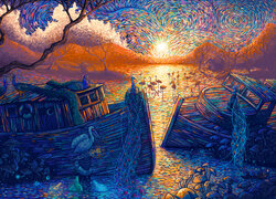 Malarstwo, Impresjonizm, Autor, James R. Eads, Tytuł, The Golden Hour, Łodzie, Woda, Niebo, Słońce, Ptaki, Flamingi, Pawie, Domek, Grzyby, Drzewa