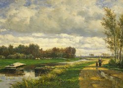 Obraz, Krajobraz w pobliżu Hagi, Willem Roelofs, Rzeka, Droga, Mostek, Kobieta, Dziecko, Drzewa