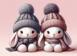 Dwa, Króliki, Czapka, Szalik, Grafika