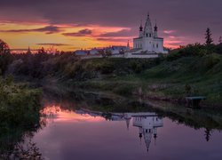 Drzewa, Rzeka Kamienka, Wschód słońca, Cerkiew, Odbicie, Suzdal, Obwód włodzimierski, Rosja