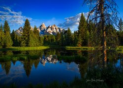 Stany Zjednoczone, Wyoming, Park Narodowy Grand Teton, Góry, Grand Teton, Rzeka, Snake River, Drzewa, Wschód słońca