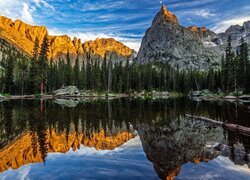 Odbicie drzew w jeziorze Mirror Lake z widokiem na szczyt Lone Eagle Peak w Kolorado