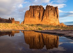 Góry, Skały, Courthouse Towers, Kałuża, Rośliny, Odbicie, Park Narodowy Arches, Utah, Stany Zjednoczone