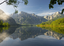 Góry, Jezioro, Almsee, Drzewa, Odbicie, Austria