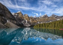 Kanada, Prowincja Alberta, Park Narodowy Banff, Góry, Jezioro Moraine, Drzewa, Odbicie