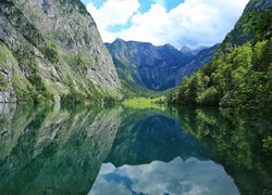 Góry, Jezioro Obersee, Odbicie, Drzewa, Park Narodowy Berchtesgaden, Bawaria, Niemcy