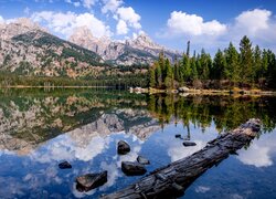 Park Narodowy Grand Teton, Wyoming, Stany Zjednoczone, Góry, Jezioro, Taggart Lake, Las, Drzewa, Chmury Odbicie