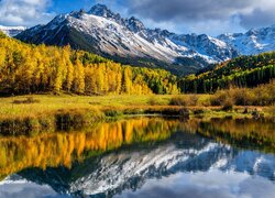 Odbicie góry Mount Sneffels i lasu w jeziorze Blue Lake