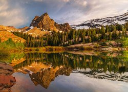 Góry, Góra, Sundial Peak, Jezioro, Lake Blanche, Drzewa, Skały, Odbicie, Utah, Stany Zjednoczone