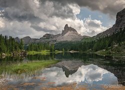 Włochy, Góry, Dolomity, Skały, Jezioro, Lago Federa, Drzewa, Kamienie, Trawa, Chmury
