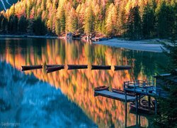 Łódki, Przystań, Drzewa, Las, Odbicie, Jezioro Pragser Wildsee, Góry, Włochy