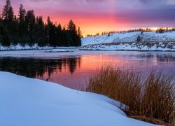 Zachód słońca, Rzeka, Zima, Drzewa, Park Narodowy Yellowstone, Wyoming, Stany Zjednoczone