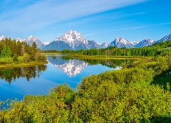 Stany Zjednoczone, Stan Wyoming, Park Narodowy Grand Teton, Ośnieżone, Góry, Rzeka, Snake River, Drzewa