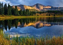 Stany Zjednoczone, Kolorado, San Juan Mountains, Molas Lake, Góry, Odbicie, Jezioro, Las, Drzewa, Trawa, Chmury