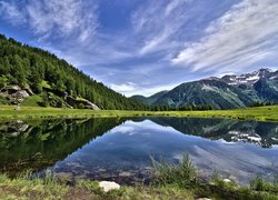 Wzgórza, Góry, Jezioro, Drzewa