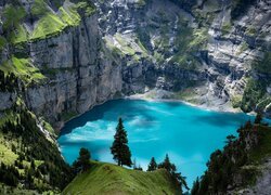 Szwajcaria, Góry, Skały, Jezioro, Oeschinensee, Drzewa