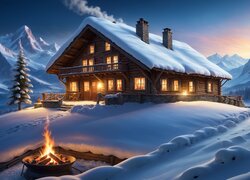 Zima, Góry, Dom, Światła, Drzewa, Ognisko, Grafika