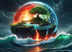 Ognista planeta i wyspa z drzewem