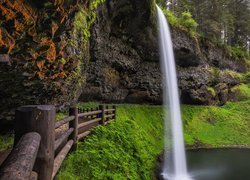 Drzewa, Skały, Wodospad, Latourell Falls, Ogrodzenie, Roślinność, Hrabstwo Multnomah, Oregon, Stany Zjednoczone