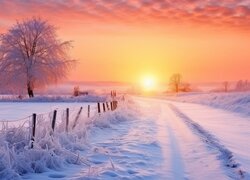 Ogrodzenie przy zaśnieżonej drodze w blasku słońca