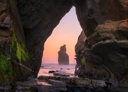 Wschód słońca, Morze, Skały, Skała Elephant Rock, Okno skalne, Dystrykt Taranaki, Nowa Zelandia