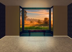 Okno w pokoju z widokiem na jesienny krajobraz