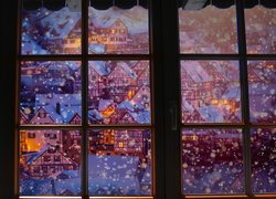 Okno, Boże Narodzenie, Domy, Śnieg, Oświetlenie, Dekoracja, Grafika