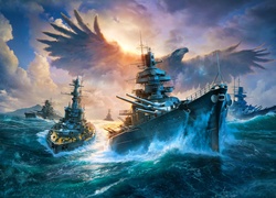 Okręty na wzburzonym morzu w grze World Of Warships