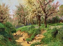 Okwiecone drzewa na wsi w malarstwie Aloisa Arneggera