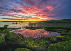 Morze, Latarnia morska, Grotta Island Lighthouse, Zachód słońca, Wybrzeże, Reykjavík, Islandia