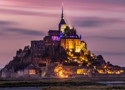 Zachód słońca, Opactwo św Archanioła, Klasztor, Mont Saint Michel, Normandia, Francja
