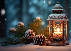 Zima, Lampion, Świeca, Śnieg, Szyszki
