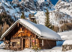 Zima, Śnieg, Chata, Drzewa, Świerki, Góry, Alpy, Ramsau am Dachstein, Austria